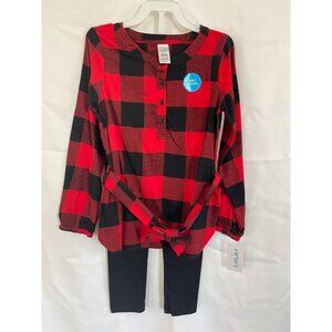 Carters 2-Piece Red & Black Plaid Tie Waist Top With Black Leggings Set Size 5 1